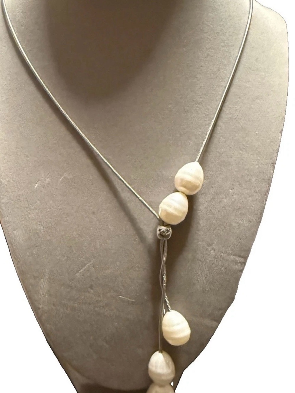 Chico's Silver-Tone Lariat Necklace with Ivory Pearl Beads